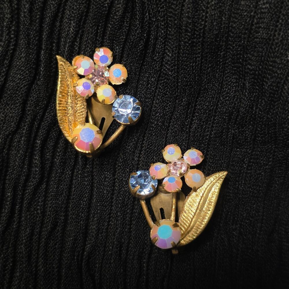 Vintage Austria Aurora Borealis Rhinestone Clip On Earrings Floral Gold Tone